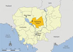Thumbnail of Location of duck mortality event and detection of influenza A(H7N3) virus in Kampong Thom Province (gold shading), Cambodia, January 2017. Open circle indicates exact location of the mortality event.