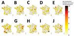 Geographic distribution of age-standardized incidence rates of all reported sporadic Shiga toxin–producing Escherichia coli–associated pediatric hemolytic uremic syndrome cases, France, 2012–2021. A) 2012; B) 2013; C) 2014; D) 2015; E) 2016; F) 2017; G) 2018; H) 2019; I) 2020; J) 2021.